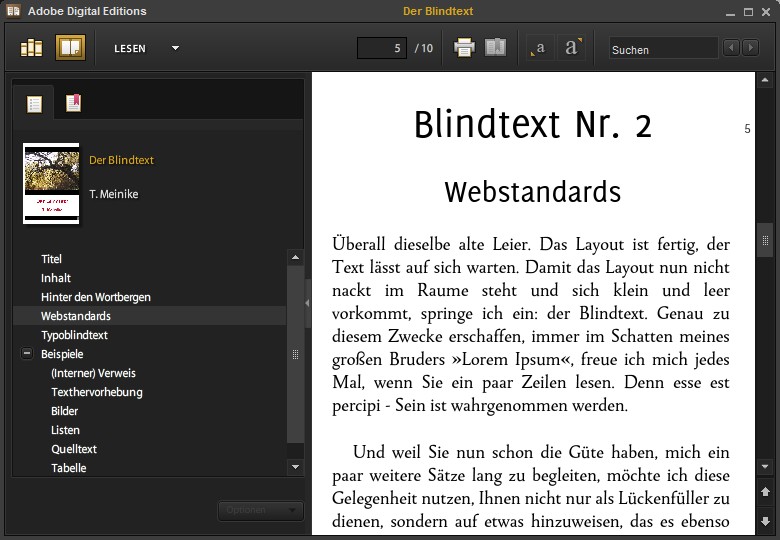 Testbuchansicht mit Adobe Digital Editions